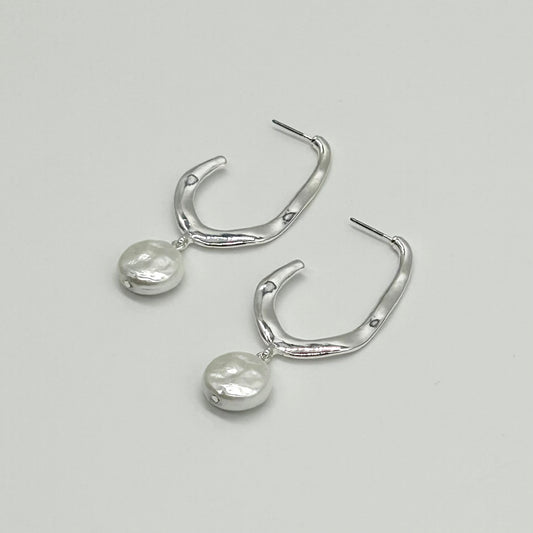 Hammered C Shape Pearl Drop Earrings