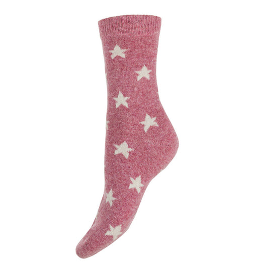 Pink Wool Blend Socks With Cream Stars