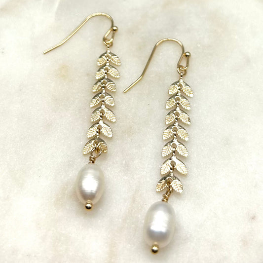 Leaf Chain Natural Pearl Drop Earrings