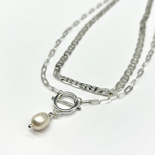 Double Layered T Bar and Pearl Drop Necklace