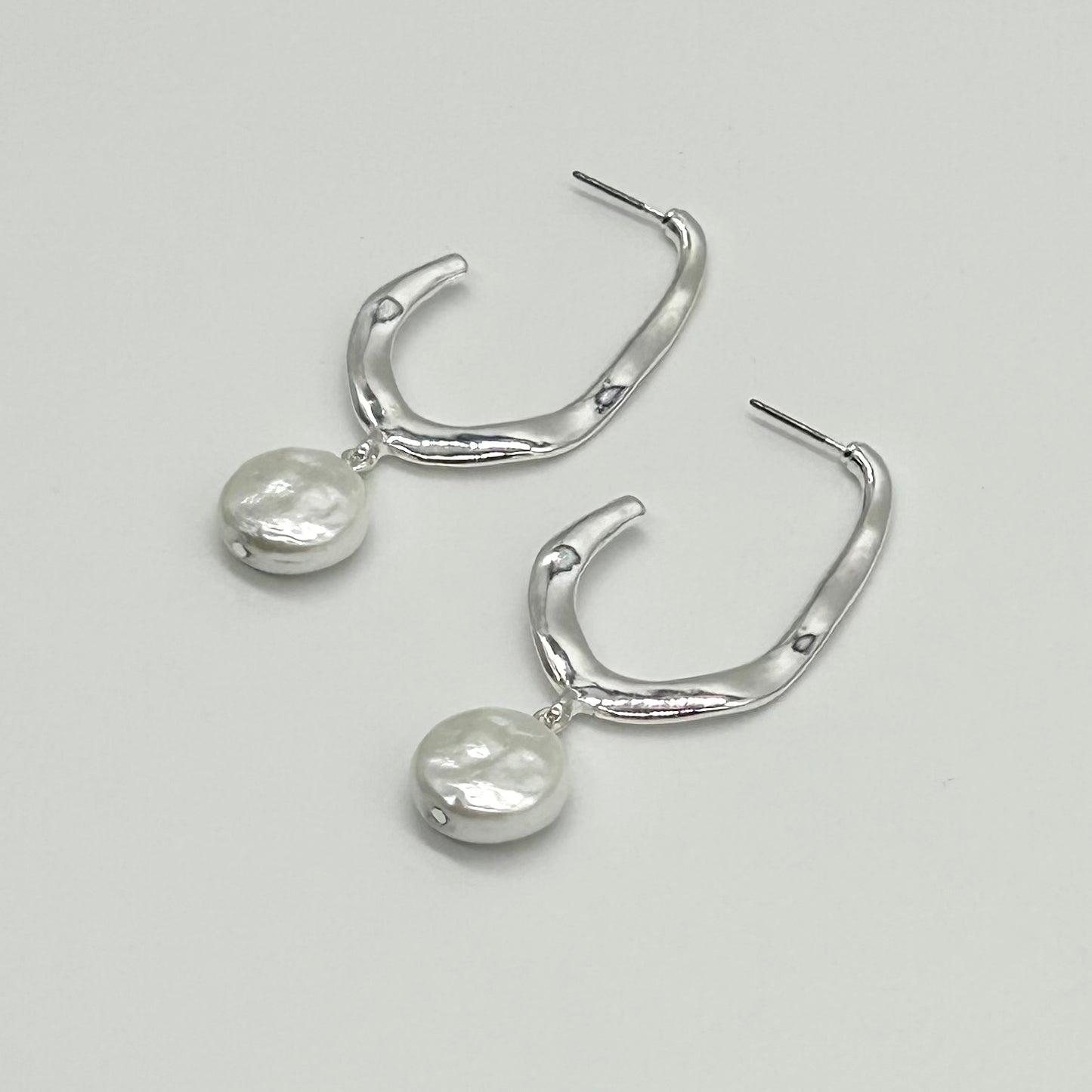 Hammered C Shape Pearl Drop Earrings