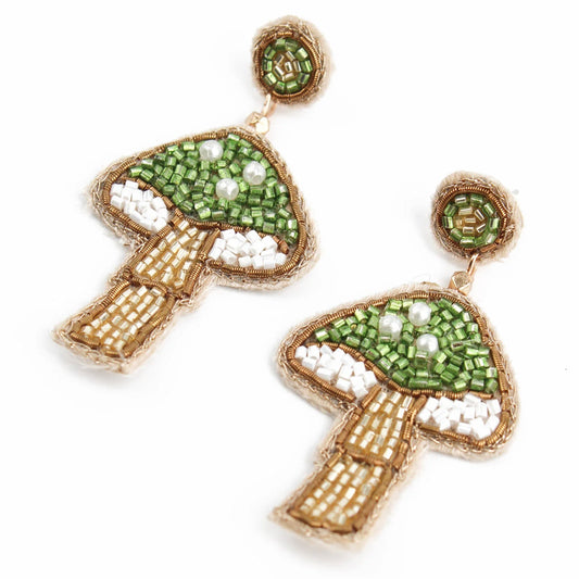 Green Mushroom Beaded Earrings